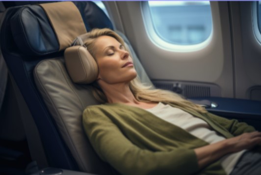 Mulher relaxada com fone de ouvido na poltrona em voo agradável 