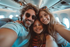 Família feliz tirando selfie dentro de avião