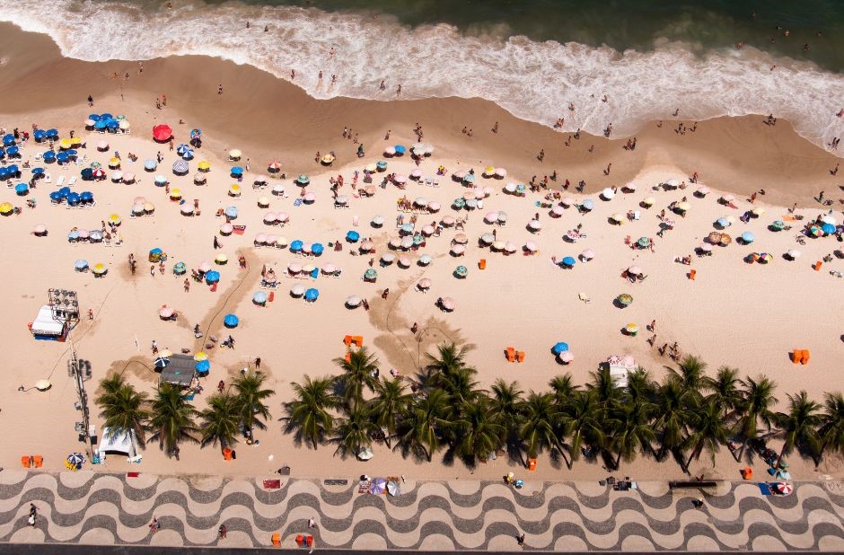 Vista aérea da praia de Copacabana com vários lugares instagramáveis
