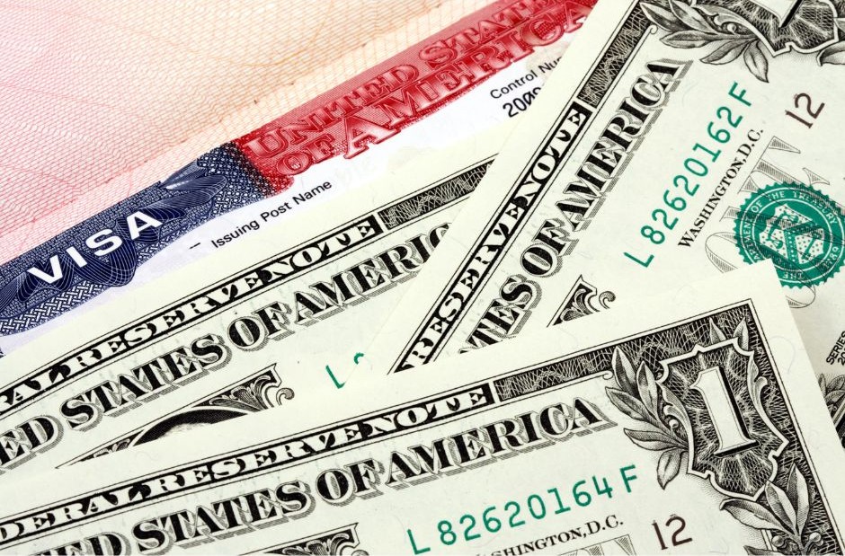 dolares sobre uma mesa para pagemento das taxas do visto americano